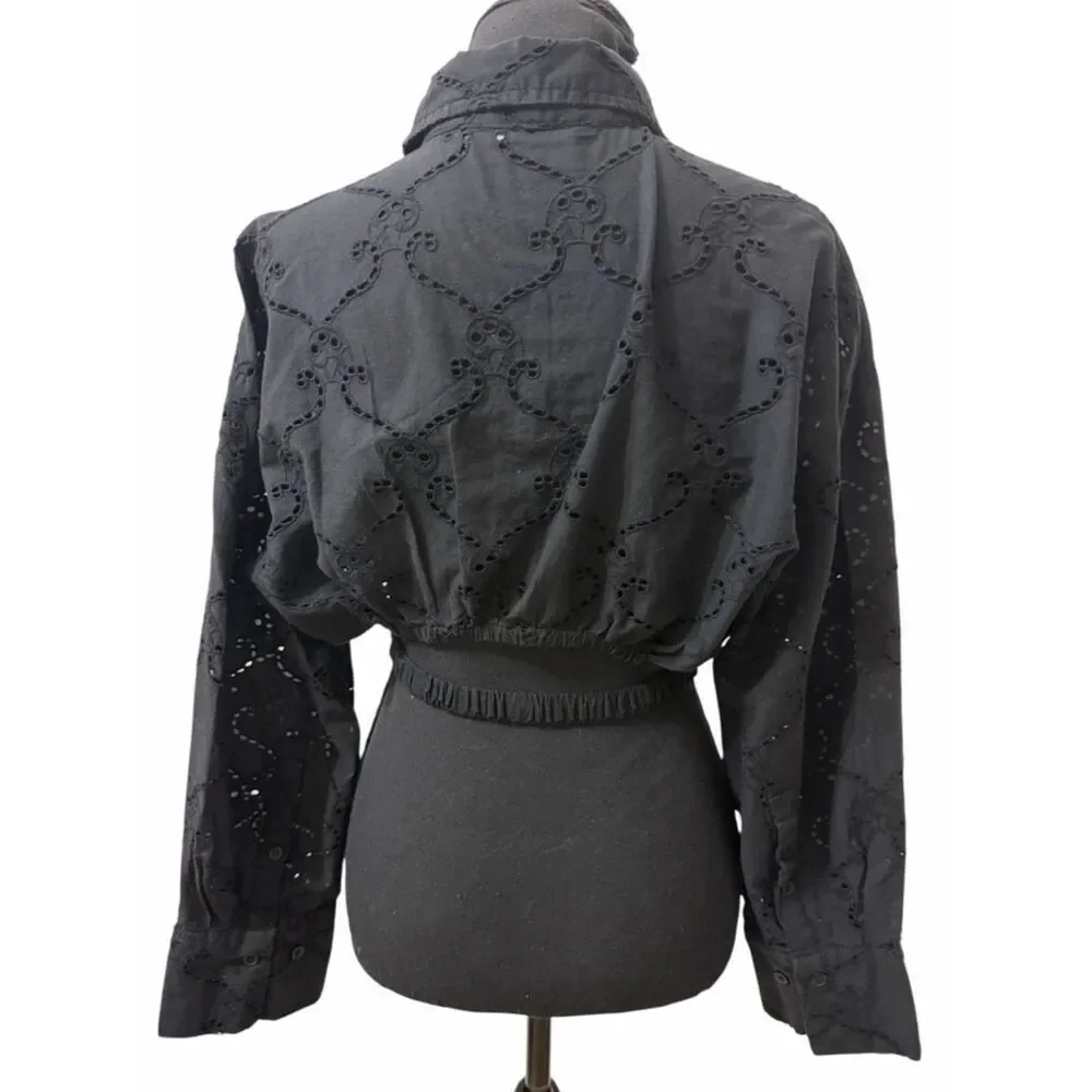 Zara Black Embroidery Eyelet Crop Button Down Top(Size XS)